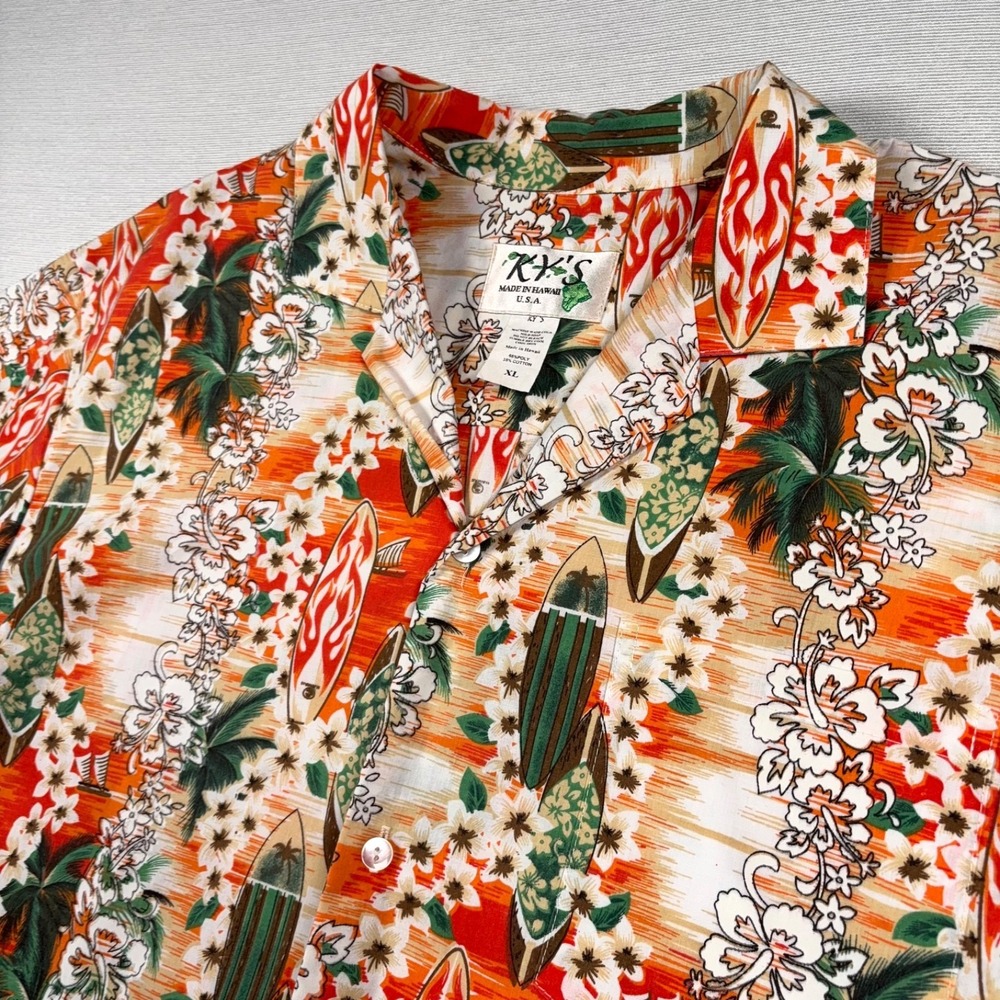 Ky's Hawaiian Short Sleeve Shirt Mens XL Green Orange Polyester Cotton Button Up